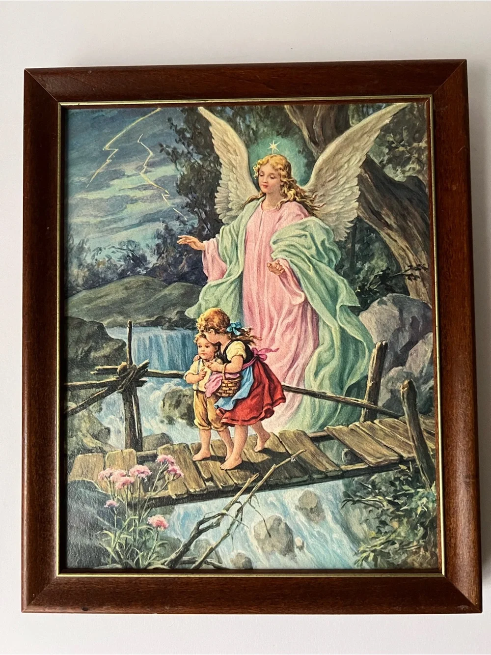 Guardian Angel Vintage Art Print - Pink & Mint Green